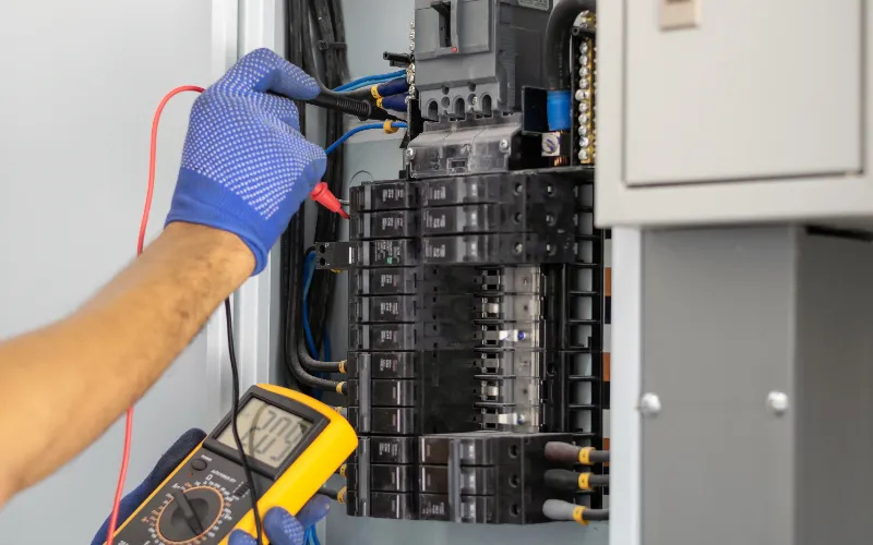 Electrician Is Using A Digital Meter To Measure The Voltage At The Circuit Breaker Control Cabinet On The Wall